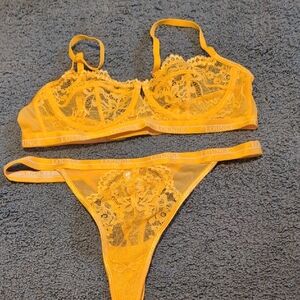 Lounge Underwear Yellow Lace Bralette and Thong Set